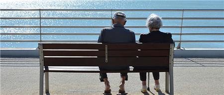 海邊長椅上的老年夫妻